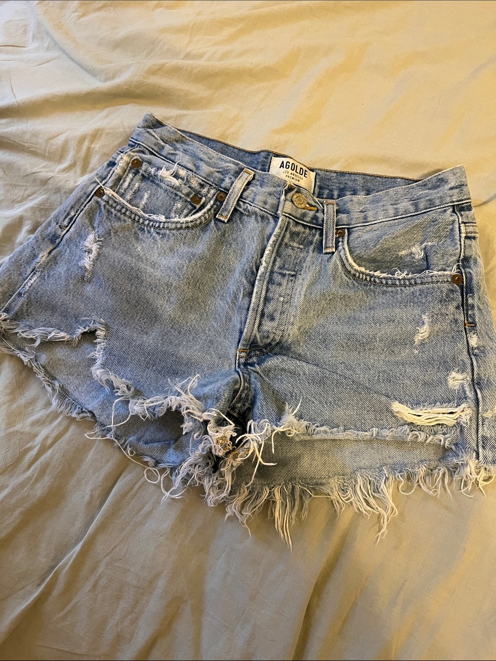 Agolde Light Blue Frayed Hem Denim Shorts
